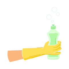 Hand in Yellow Glove Holding Detergent Bottle Doing Cleaning Vector Illustration