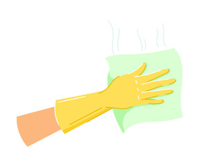 Hand in Yellow Glove Cleaning or Wiping Surface with Cloth Vector Illustration