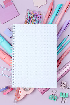 Mockup notebooks with School stationery supplies on pink background. Concept back to school. Blank notebook with copy space