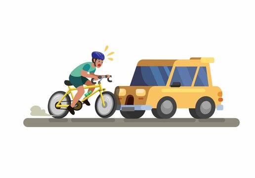 Car crash hit rider bicycle. car accident scene cartoon illustration vector