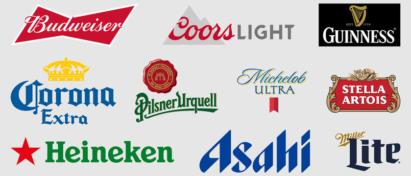 Vinnytsia, Ukraine - May 19, 2022: Logo of The Most Popular Beers in the World. Budweiser, Coors Light, Miller Lite, Corona Extra, Guinness Draught, Michelob ULTRA, Stella Artois, Heineken, Asahi Supe