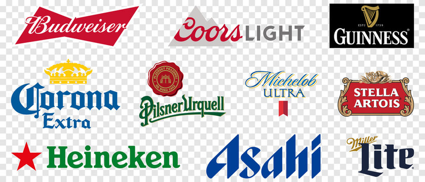 Vinnytsia, Ukraine - May 19, 2022: Top 10 popular beers logos. Budweiser, Coors Light, Miller Lite, Corona Extra, etc. Editorial illustration isolated on transparent background
