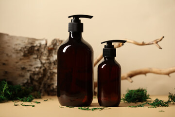 SPA natural organic cosmetics packaging design. Set of dark brown amber glass shampoo dispenser...