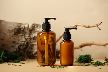 SPA natural organic cosmetics packaging design. Set of amber glass pump bottles. Tree branch, birch...
