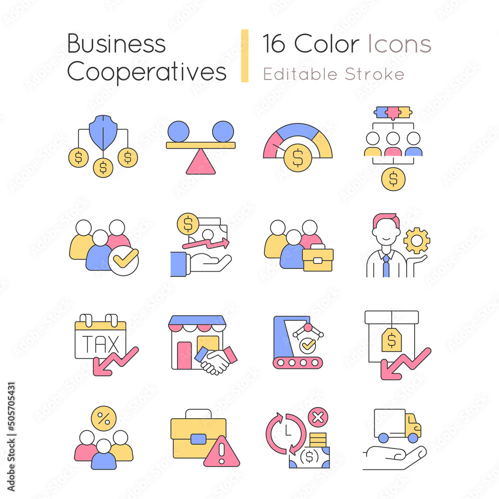 Poster business cooperatives rgb color icons set. e-commerce management. sales operations. isolated vector 