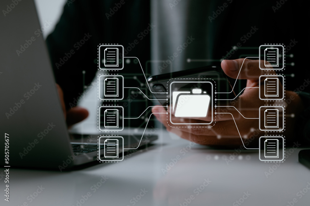 Poster Documentation in a business with ERP, use a Document Management System (DMS), an online documentation database, and process automation. Technology for corporate business.
