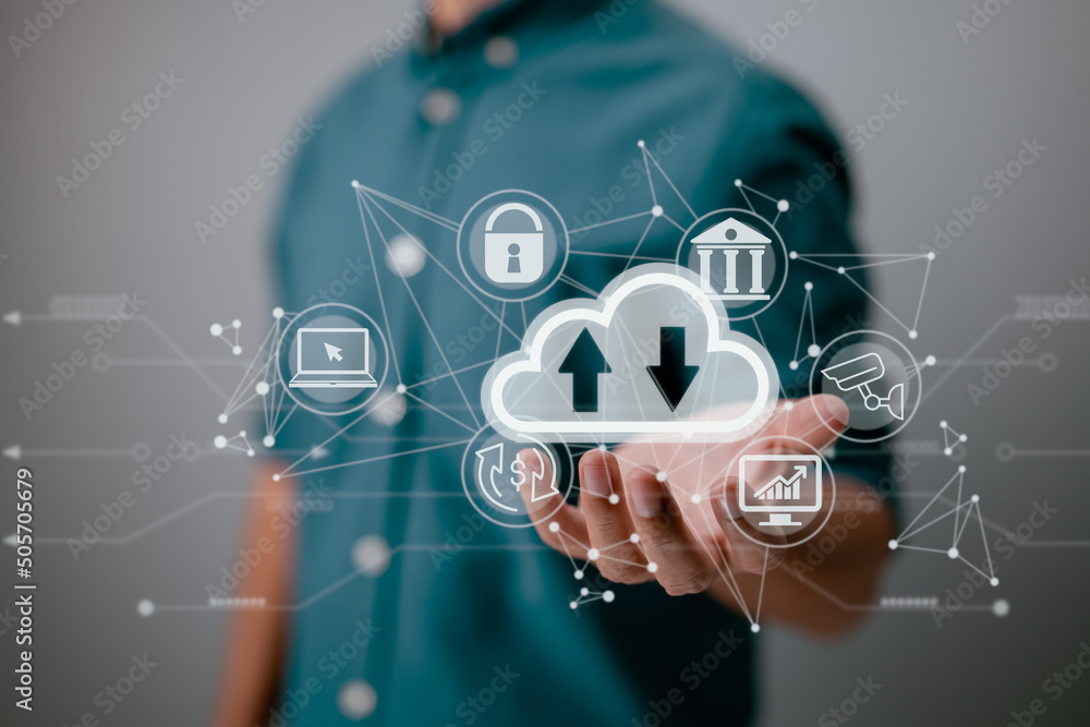 Poster A man holding a cloud computing diagram displayed on the screen. Concepts of cloud computing, data storage, networking, and internet services.