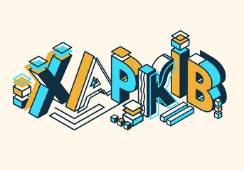 Kharkiv city colorful isometric stock vector typography illustration. Cyrillic bolt lettering template, typeface. Kharkiv design, print for poster, banner, t-shirt. Blue yellow Ukrainian flag.