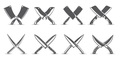set of knife silhouette designs with various shapes.  collection of butcher knife logo elements or icons with x shape, vector illustration - obrazy, fototapety, plakaty