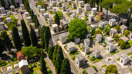 Aerial view of Campo Verano, a monumental cemetery located in the historic center of Rome, Italy....
