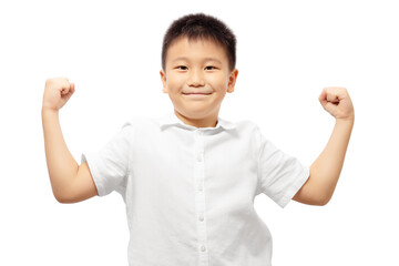 Healthy kid smiling with strong arms wearing white shirt