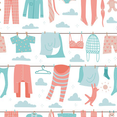 Seamless pattern with colorful laundry drying on a washing lines. Vector flat hand drawn illustration.