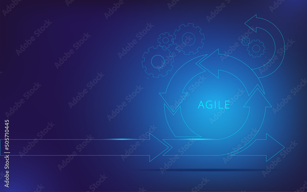 Poster round neon arrow on the background of gears. template for a horizontal banner on the theme of agile 