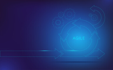 Round neon arrow on the background of gears. Template for a horizontal banner on the theme of agile mettodology of development.