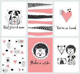 Vector set of isolated doodle cards with tribal animals and other pictures for kid's interiors, banners and posters.