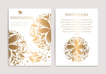 White invitation card design with golden ornament pattern. Luxury vintage vector template. Can be used for background and wallpaper. Elegant and classic vector elements great for decoration.