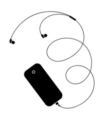 Silhouette of a mobile phone with wired headphones. Listen to music, radio, audio. Black and white isolated illustration smartphone