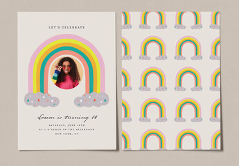 Photo Birthday Card Layout with Rainbow Illustration - obrazy, fototapety, plakaty