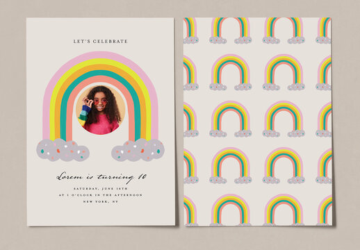 Photo Birthday Card Layout with Rainbow Illustration