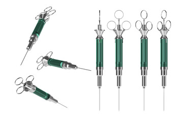 Vintage reusable syringe with green liquid isolated on white background. History of science and medicine, alchemy, vaccination. 3d render