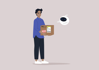 A young male Caucasia character giving a parcel to a cute round robot hovering in the air, a futuristic courier service