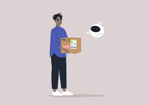 A young male African character giving a parcel to a cute round robot hovering in the air, a futuristic courier service