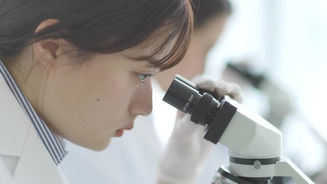 顕微鏡を覗く研究者の女性