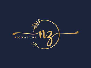 luxury gold signature initial nz logo design isolated leaf and flower