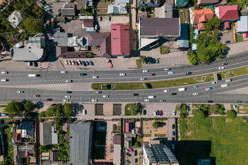 Aerial top down view of road bridge with traffic, road infrastructure. Resolving of car traffic jam.