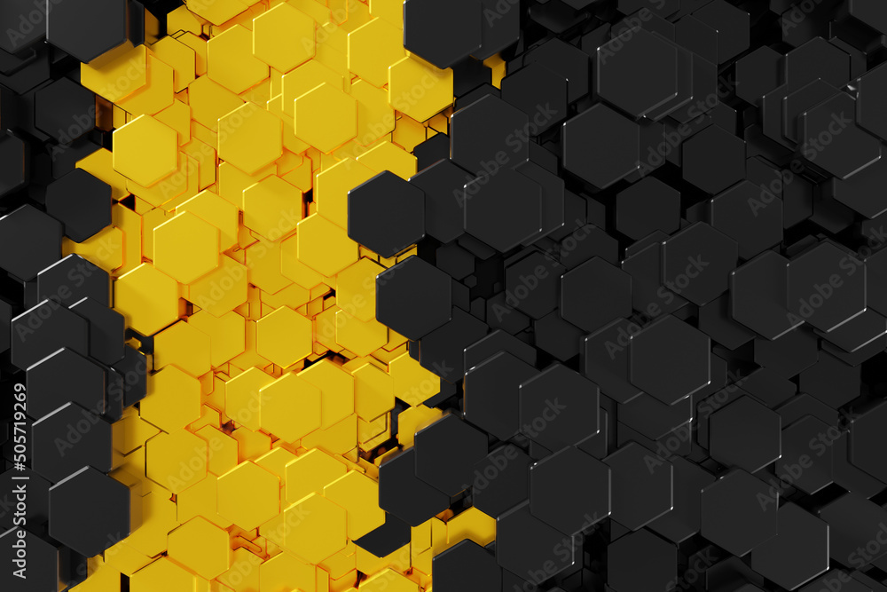 Poster black and yellow background in the form of abstract honeycombs of hexagons, 3d rendering