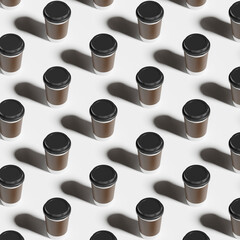 Cardboard plastic cups for coffee and cappuccino on a white background, abstract isometric illustration, 3d rendering