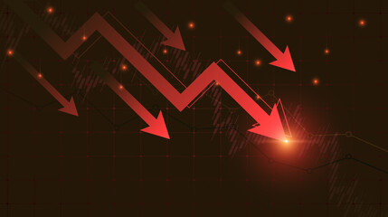 Falling down arrow with business chart in bear stock market on red color background
