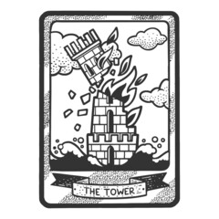 Tarot playing card Tower sketch engraving vector illustration. T-shirt apparel print design. Scratch board imitation. Black and white hand drawn image.