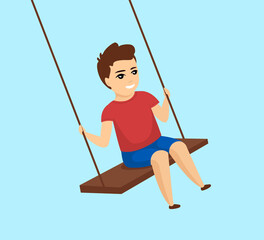 Smiling swinging boy. Happy cute little male kid play swing. Vector eps illustration
