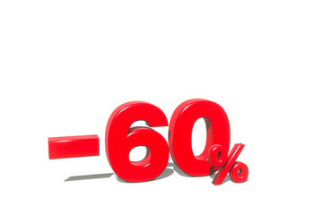 illustration of 60 percent discount in 3d render red color with white background and copy space