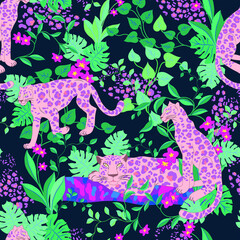 vector seamless graphical exotic tropical pattern with pink leopards, pink flowers, green leaves. Hawaiian design with foliage and wild cats and spots. Multicolor bright artwork.

