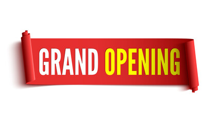 Grand opening banner. Red ribbon. Tag. Label. Sticker. Vector illustration.
