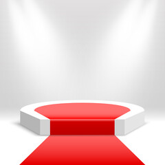 Podium with red carpet. Blank pedestal with spotlights. Products display platform. Stage for awards ceremony. Vector illustration.