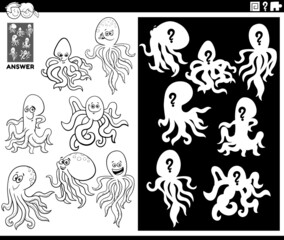 matching shapes game with cartoon octopus coloring page