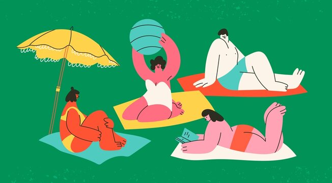 Diverse people lying on towels or blankets. Cute characters relaxing, sunbathing, reading books, talking. Summer time, beach, vacation concept. Hand drawn modern Vector illustration. Cartoon style