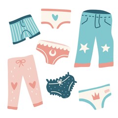 Kids pants and underwear set. Vector hand drawn clip art.