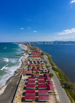 Aerial view to town Pomorie and the Pomorie salt lake