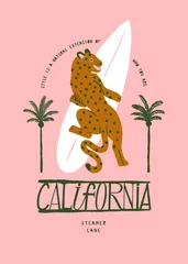 Foto op Plexiglas Jaguar surfing. California jaguar holding surfboard with palm-trees on pink background. Hand drawn wild animal silkscreen vintage typography t-shirt print vector illustration. © Handdraw