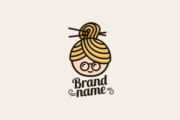 grandma noodle logo with a combination of grandma's face, noodles and chopsticks. - obrazy, fototapety, plakaty