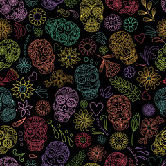 Day of the Dead skulls pattern. Dia de los muertos print. Day of the dead and mexican Halloween texture. Mexican tradition festival. Day of the dead sugar skull isolated. Dia de los Muertos tattoo 