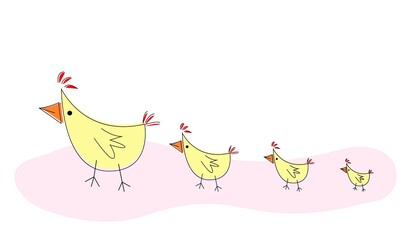 Doodle drawing, chicken doodle. Simple vector illustration of chicken with lines. Set of cute hens and chicks