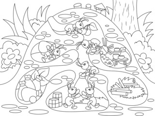 Interior and family life of ants in an anthill coloring for children cartoon vector illustration. Zentangle style.