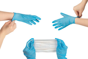 Woman puts on protective mask with blue rubber gloves.