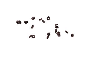 Chocolate rings cereal spill out into a bowl. Breakfast.