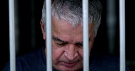 Older man feeling trapped holding into iron gate. Senior holds on bar imprisoned